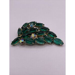 Open Back Green And Aurora Borealis Navette Rhinestone Vintage‎ Brooch Pin
